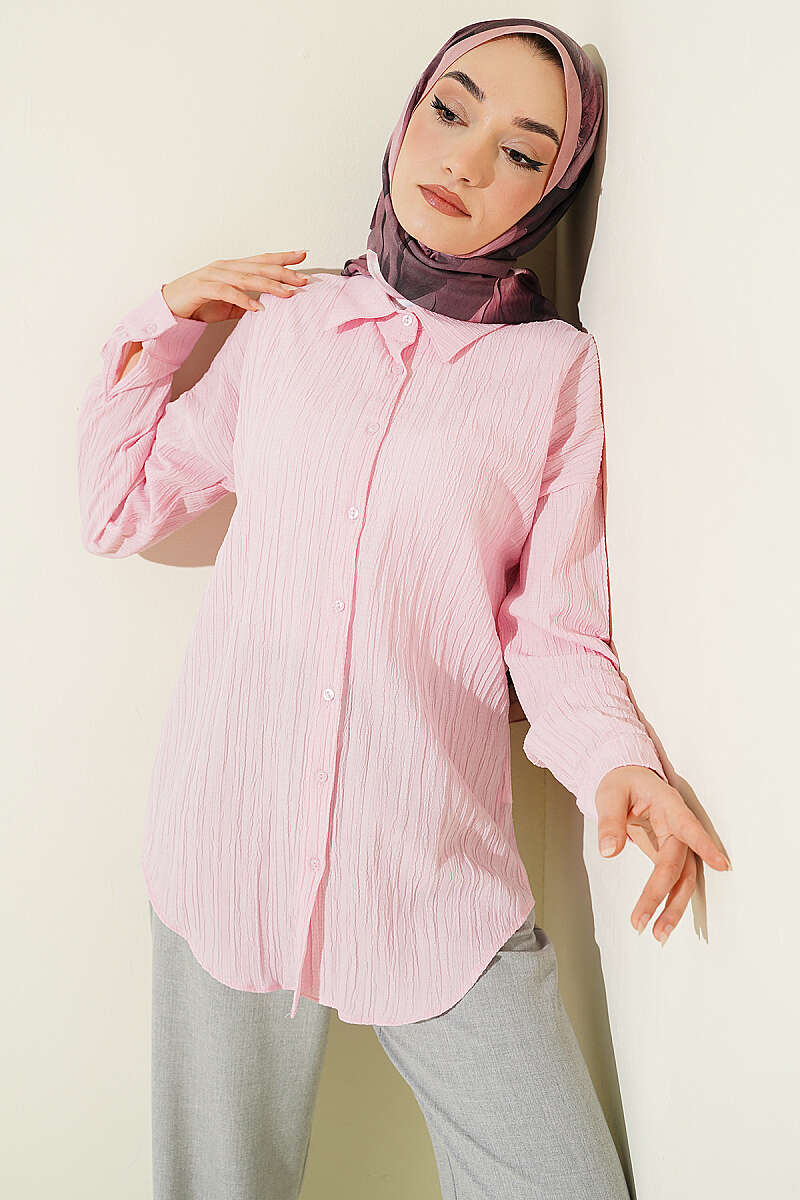 Drop-Shoulder Bark-Crinkle Shirt - Pink
