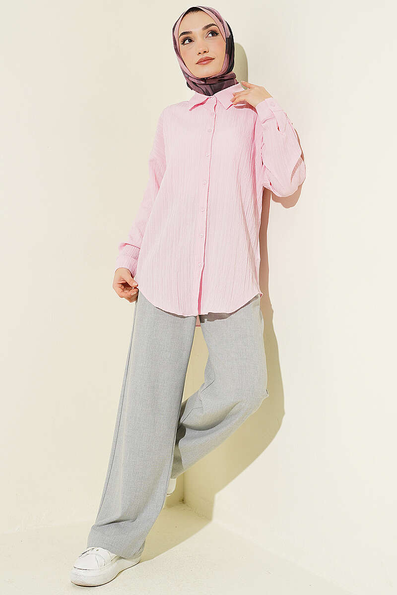 Drop-Shoulder Bark-Crinkle Shirt - Pink