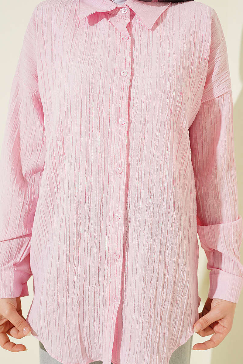 Drop-Shoulder Bark-Crinkle Shirt - Pink