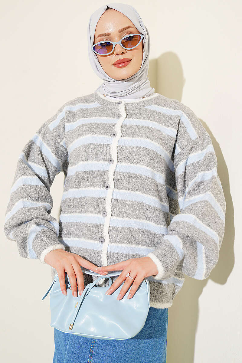 Drop-Shoulder Striped Knit Cardigan - Grey-Blue