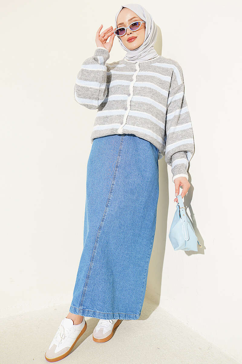 Drop-Shoulder Striped Knit Cardigan - Grey-Blue