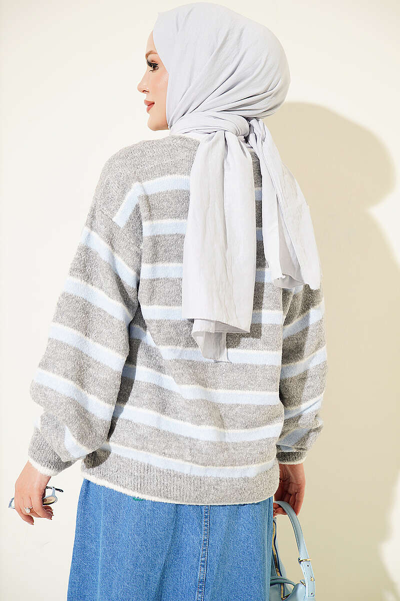 Drop-Shoulder Striped Knit Cardigan - Grey-Blue
