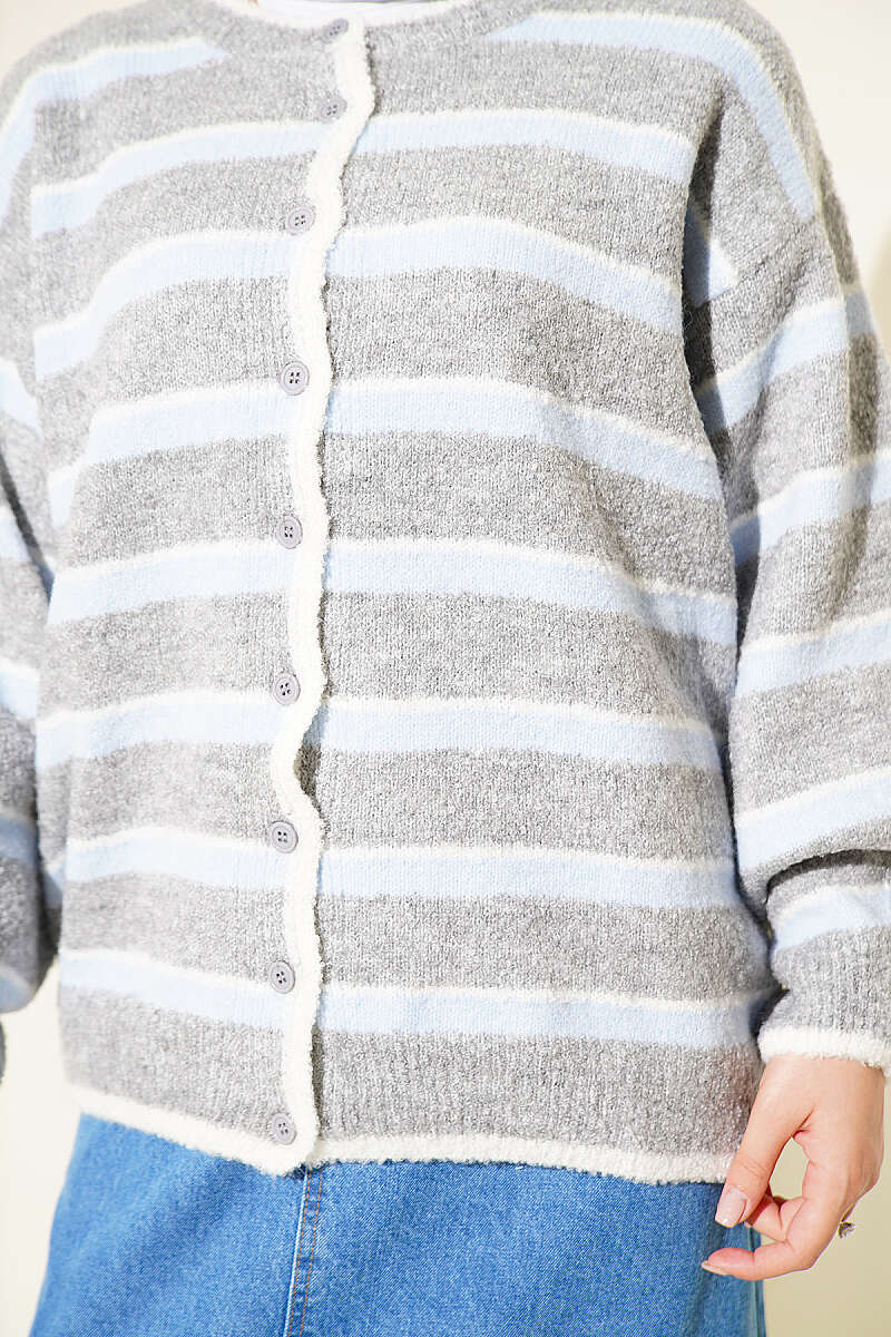 Drop-Shoulder Striped Knit Cardigan - Grey-Blue