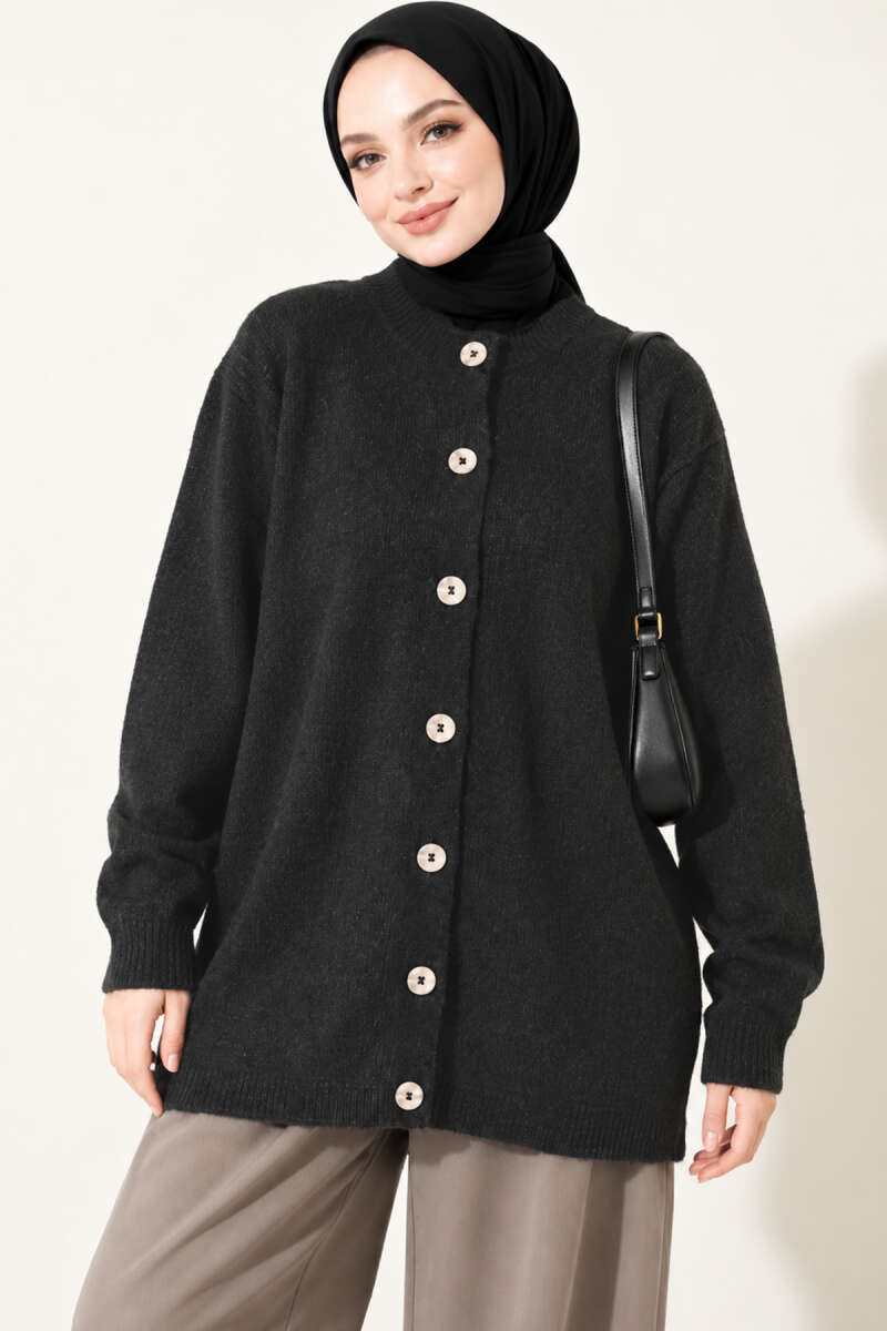 Drop-Shoulder Button Knit Cardigan - Charcoal