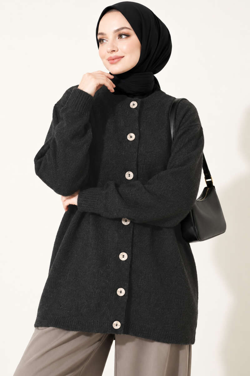 Drop-Shoulder Button Knit Cardigan - Charcoal