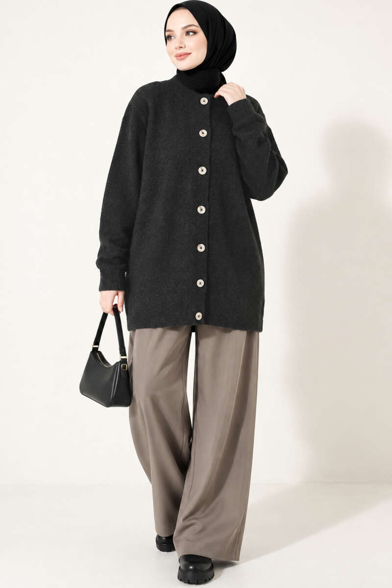 Drop-Shoulder Button Knit Cardigan - Charcoal