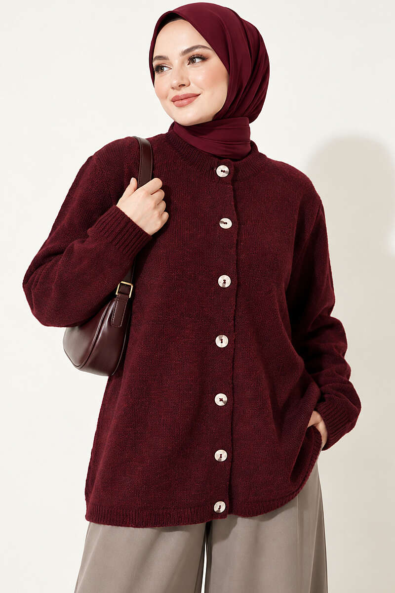 Drop-Shoulder Button Knit Cardigan - Burgundy
