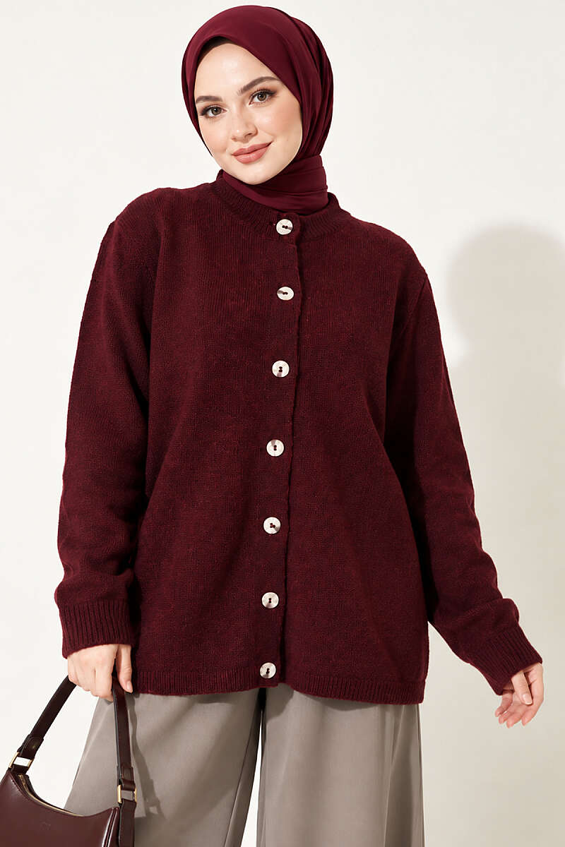 Drop-Shoulder Button Knit Cardigan - Burgundy