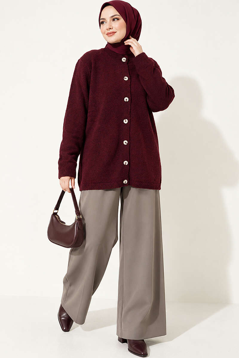 Drop-Shoulder Button Knit Cardigan - Burgundy
