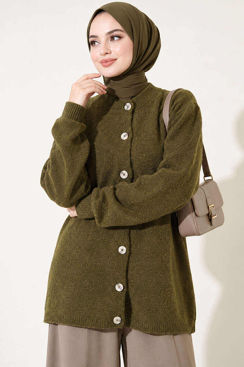 Drop-Shoulder Button Knit Cardigan - Olive