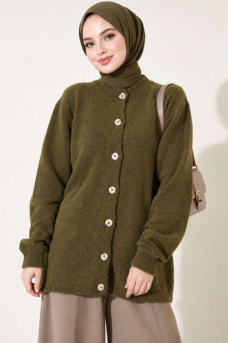 Drop-Shoulder Button Knit Cardigan - Olive