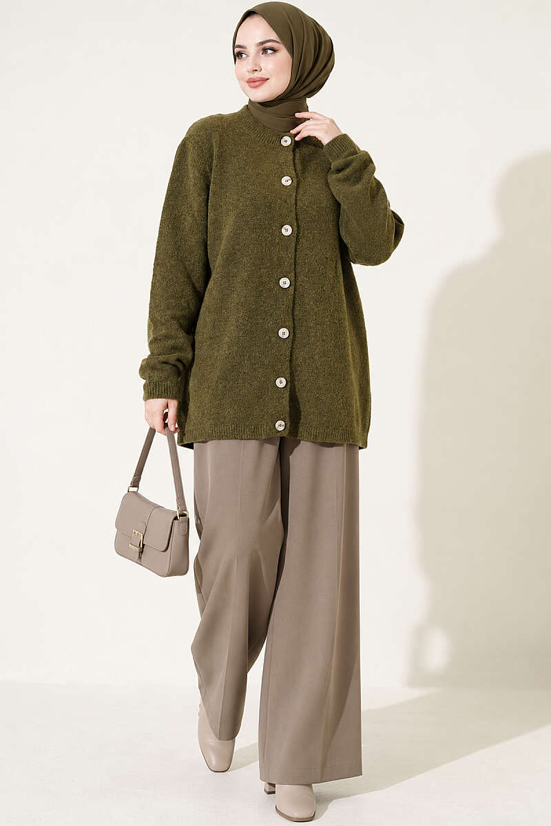 Drop-Shoulder Button Knit Cardigan - Olive