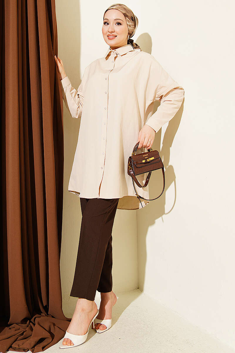 Plain Drop-Shoulder Shirt - Beige