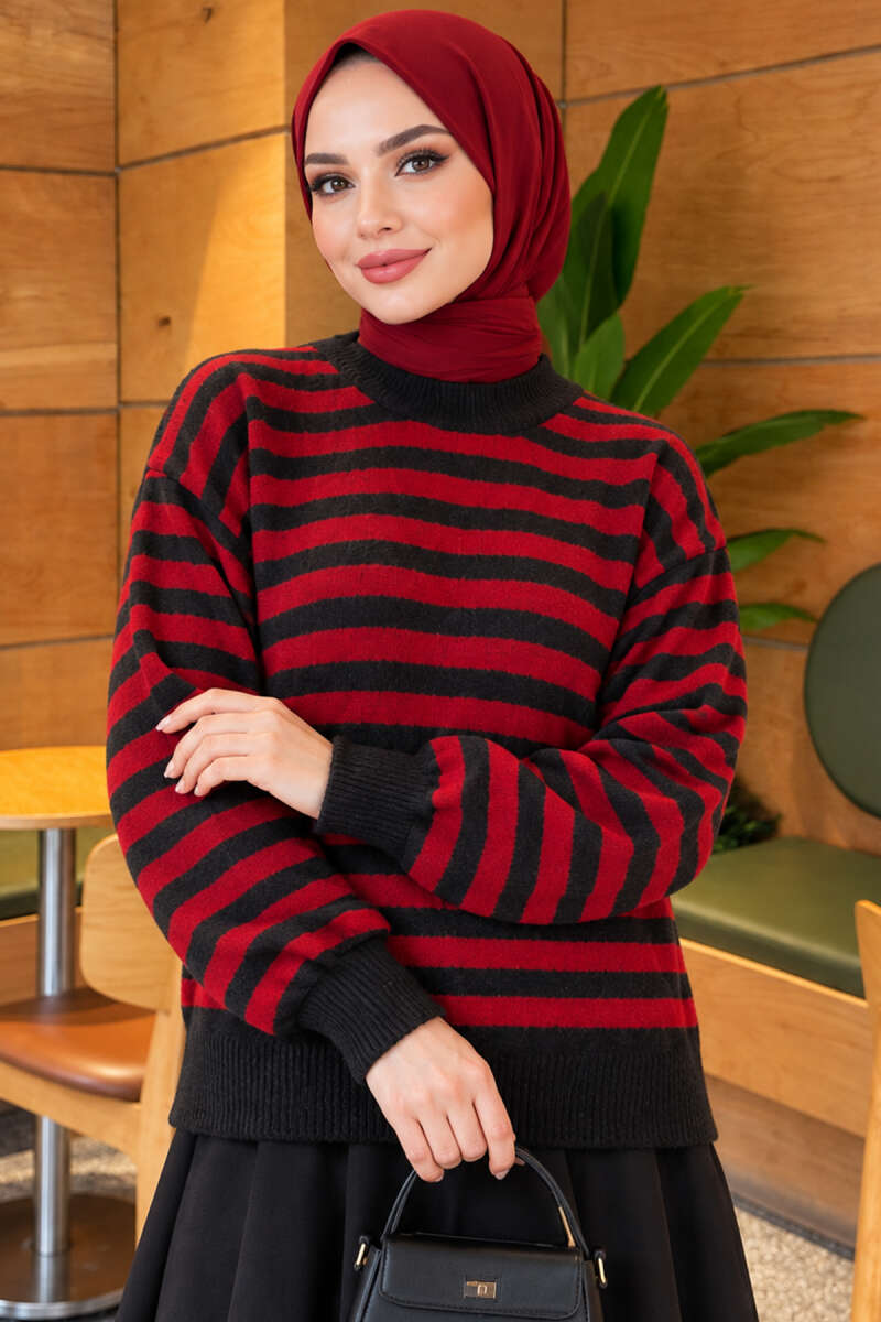 Drop-Shoulder Pinstripe Knit Sweater - Charcoal