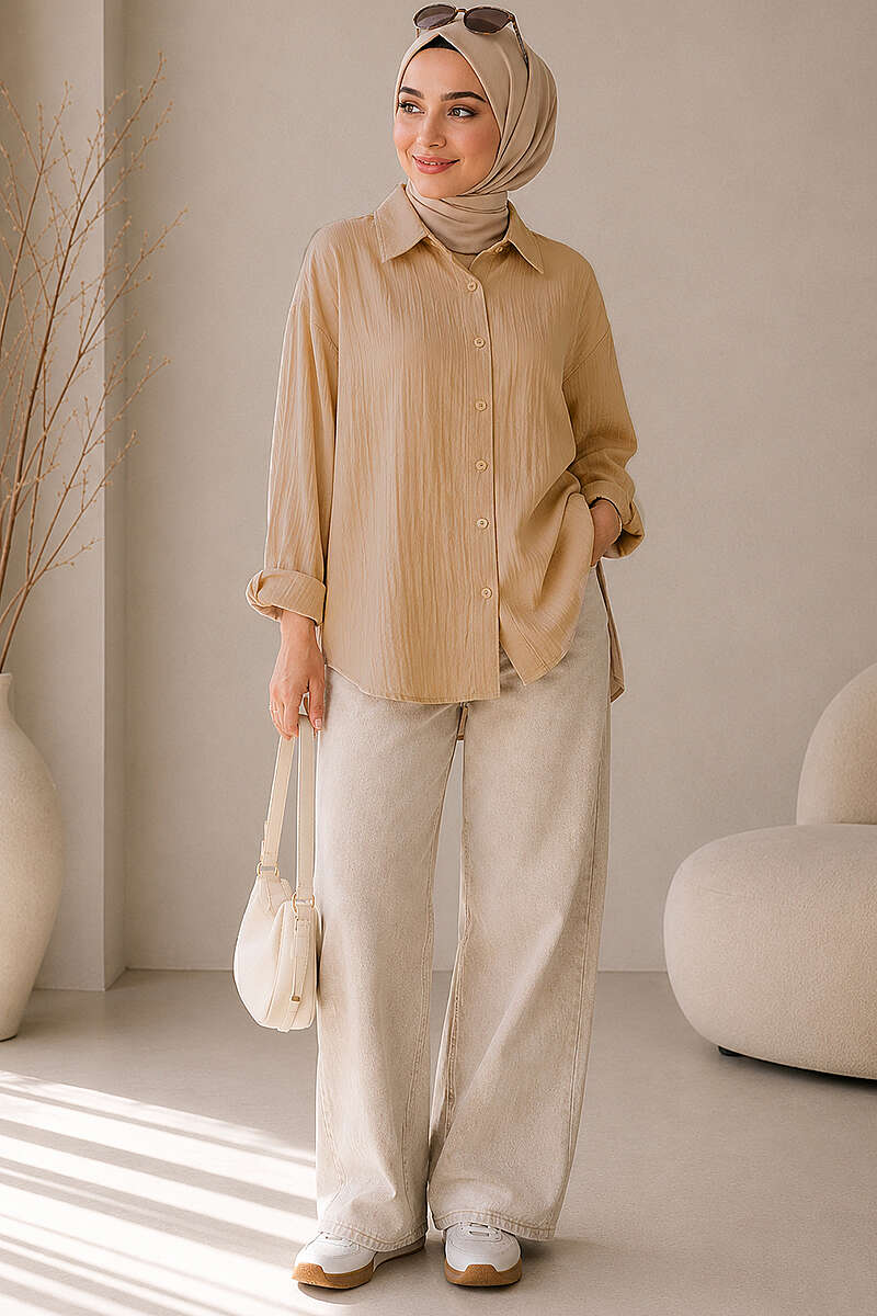 Loose Drop-Shoulder Shirt - Camel