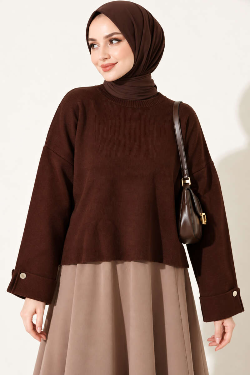Loose Drop-Shoulder Knit Sweater - Brown