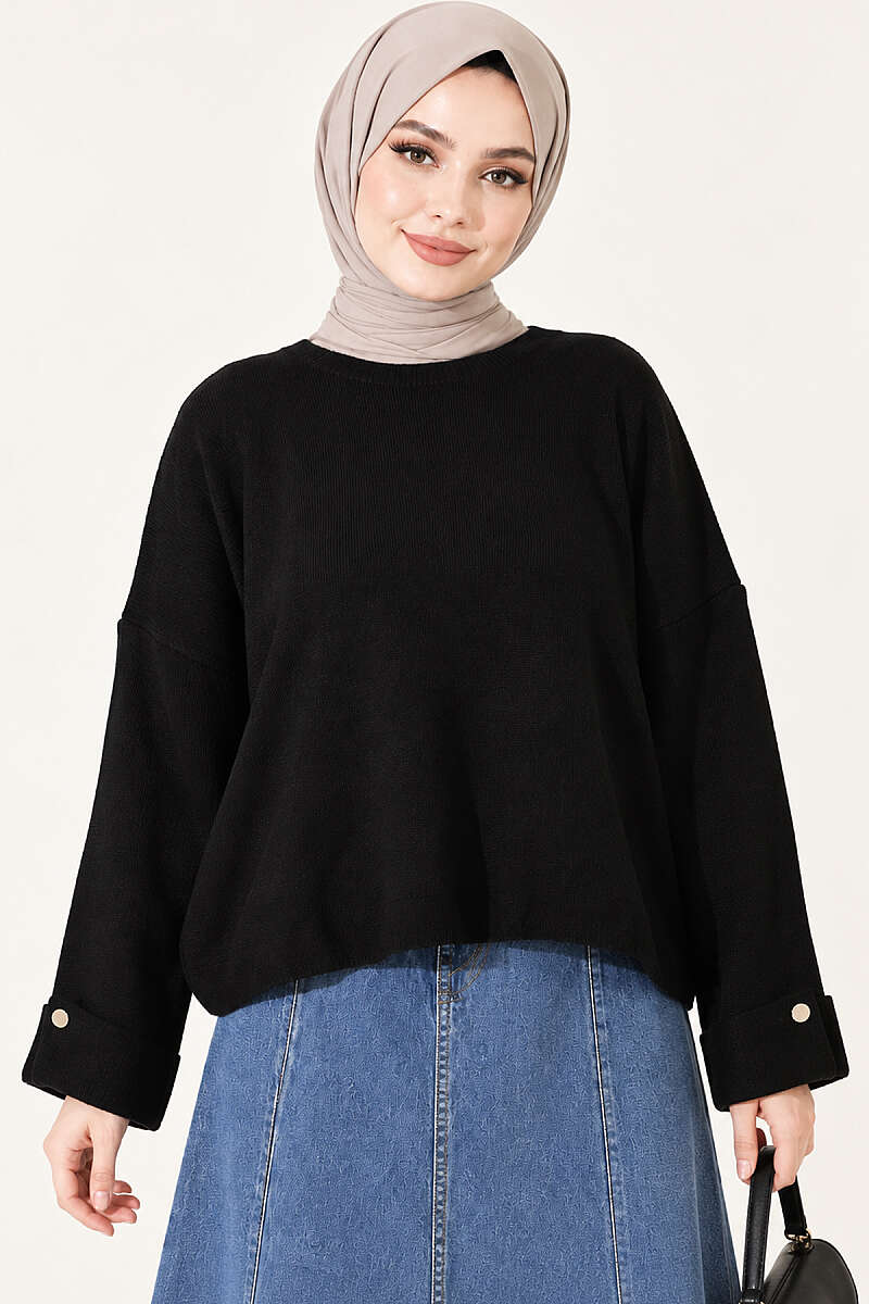 Loose Drop-Shoulder Knit Sweater - Black