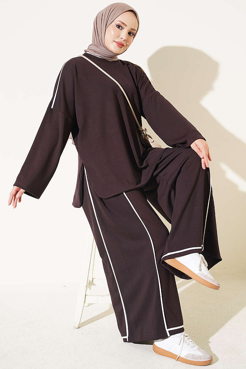 Drop-Shoulder Two-Piece Set with Stripe Trim - Dark Brown