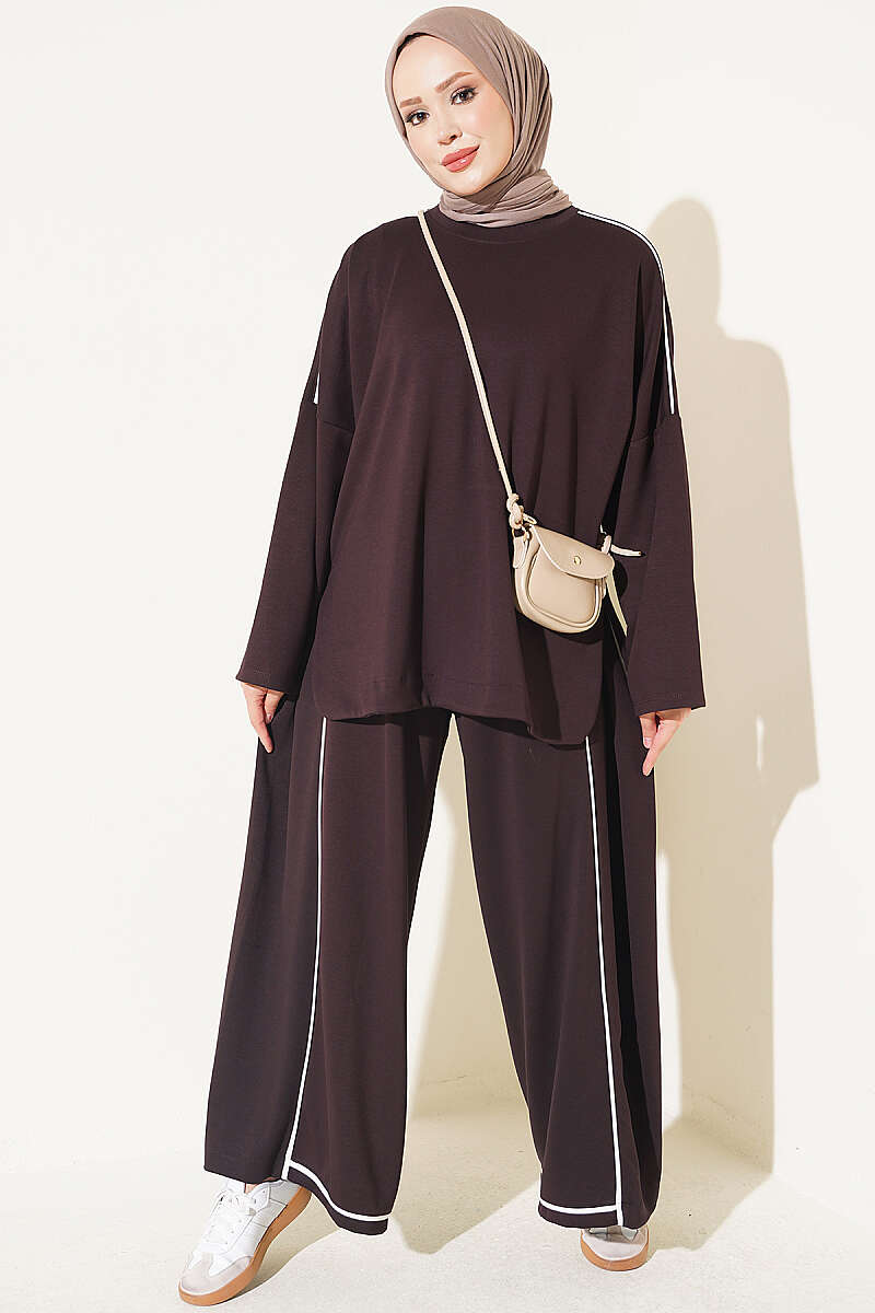 Drop-Shoulder Two-Piece Set with Stripe Trim - Dark Brown