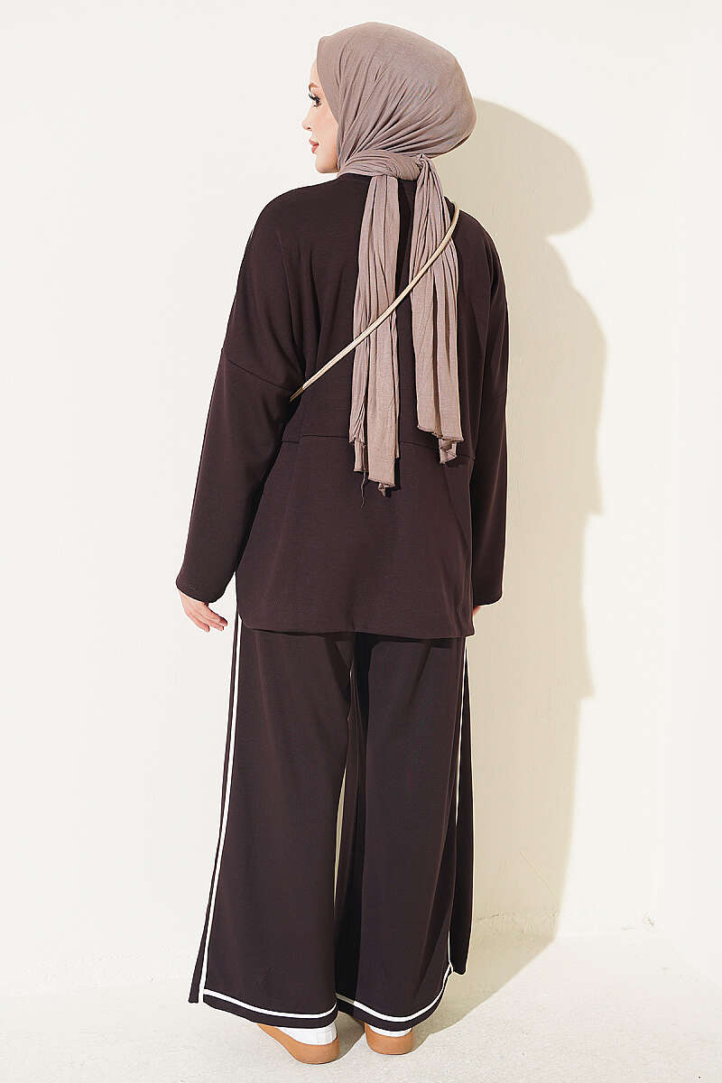Drop-Shoulder Two-Piece Set with Stripe Trim - Dark Brown