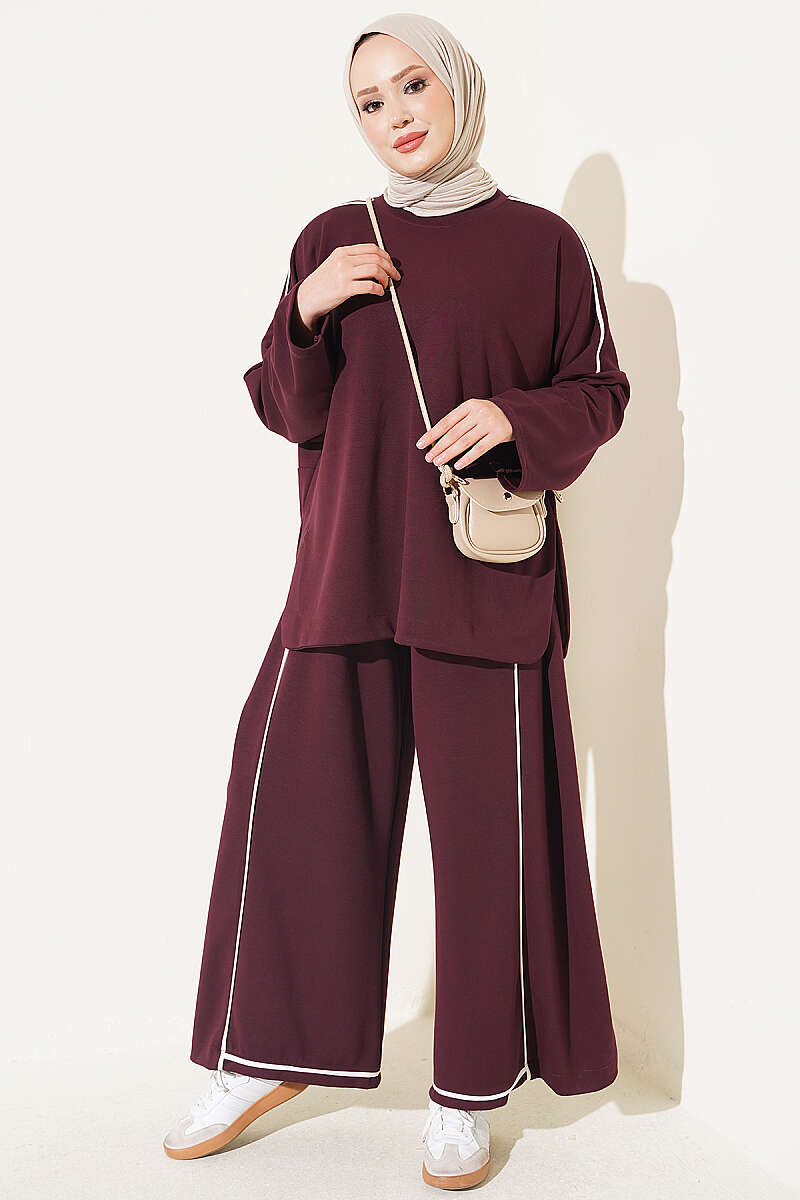Drop-Shoulder Two-Piece Set with Stripe Trim - Plum