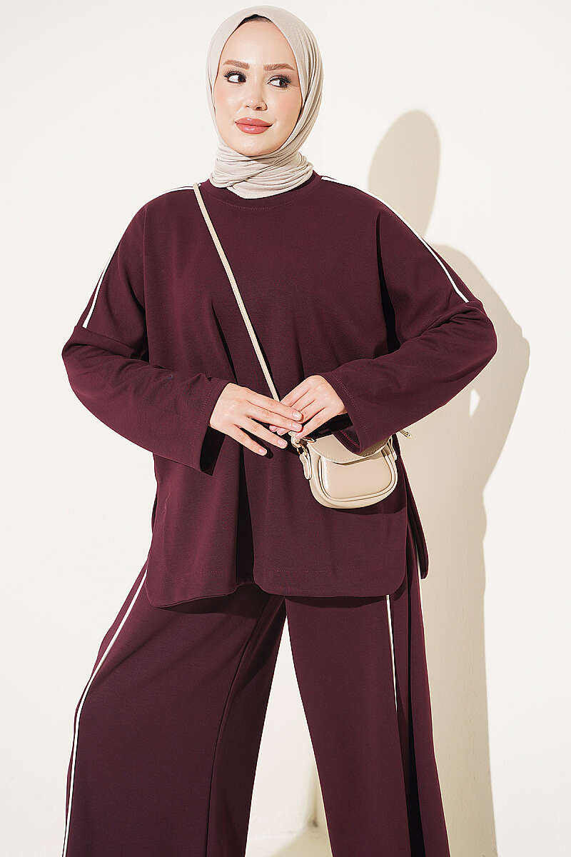 Drop-Shoulder Two-Piece Set with Stripe Trim - Plum