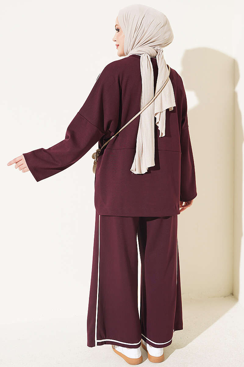 Drop-Shoulder Two-Piece Set with Stripe Trim - Plum