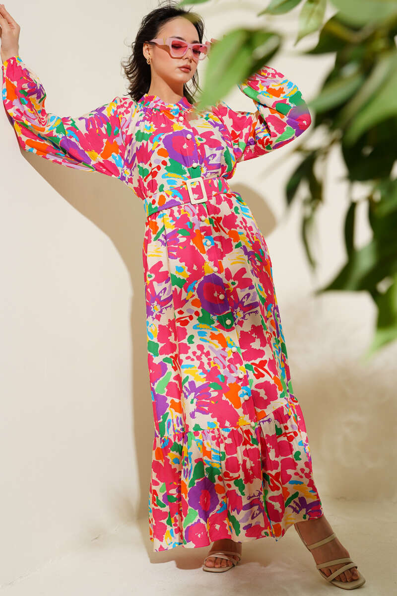 Belted Marbled Button Dress - Fuchsia