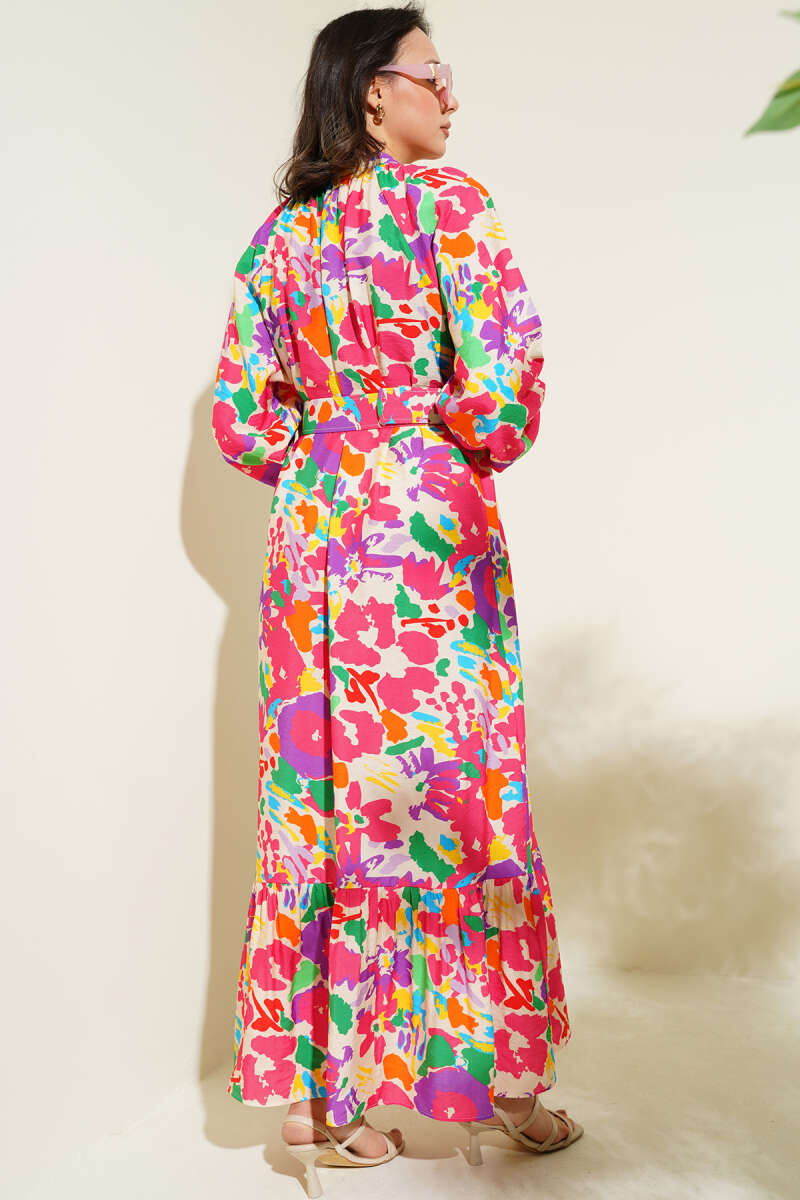 Belted Marbled Button Dress - Fuchsia