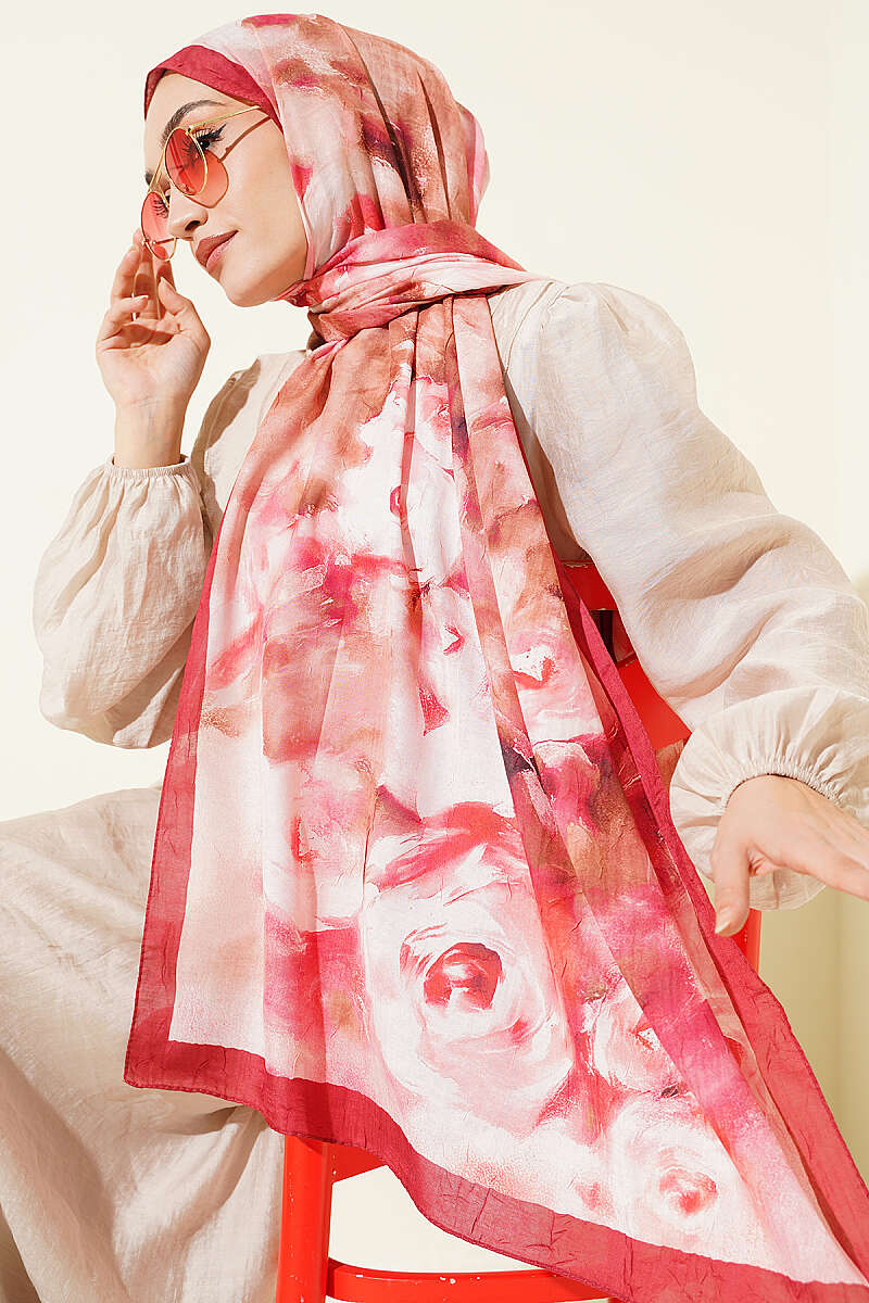 Marbled Floral Bamboo Crinkle Shawl - Burgundy