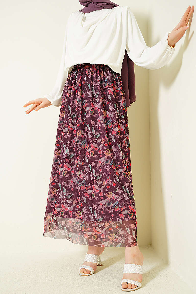 Marbled Floral Tulle Skirt - Plum