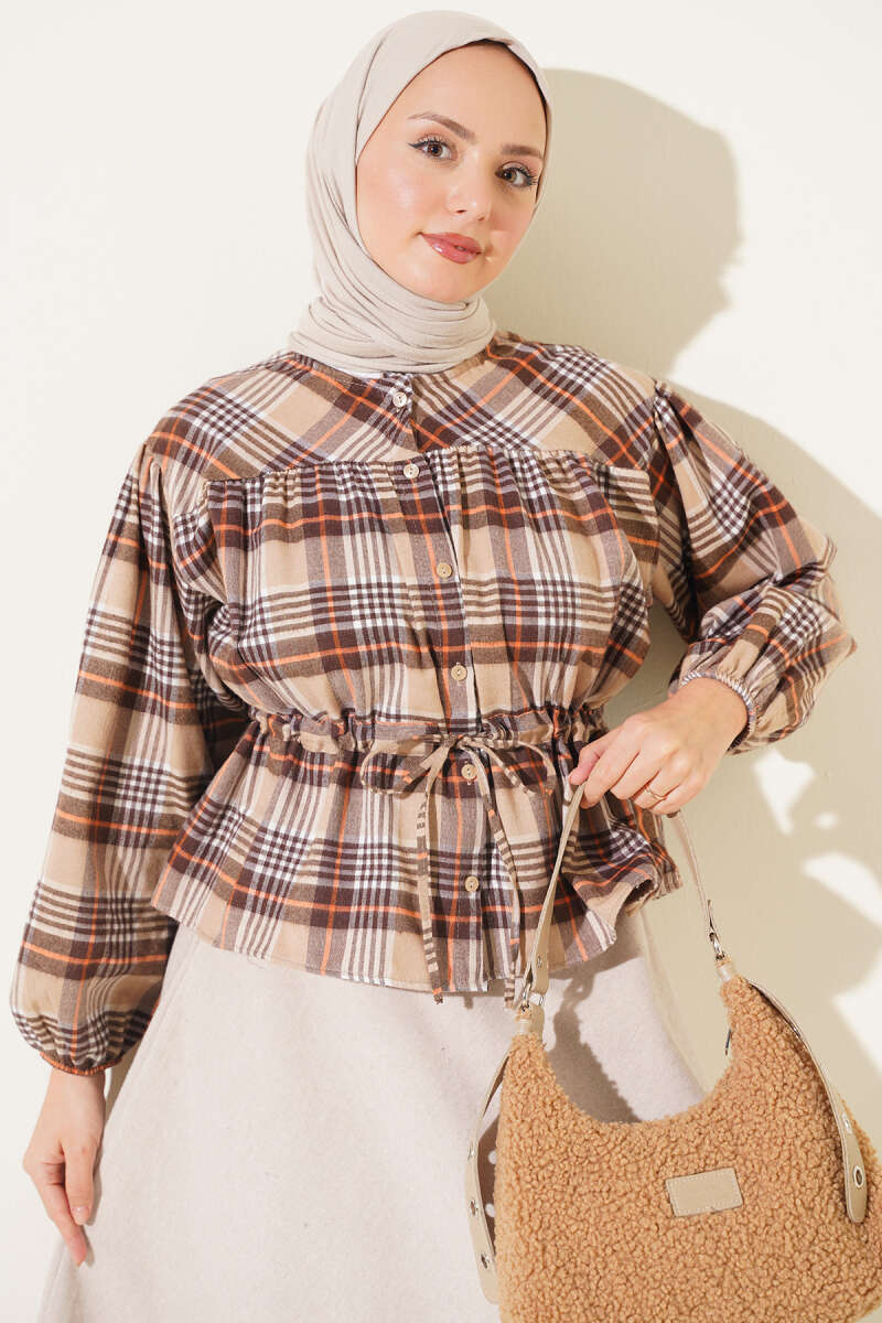 Gathered Plaid Shirt - Beige