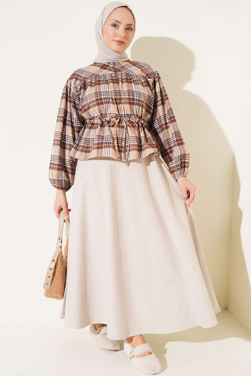 Gathered Plaid Shirt - Beige