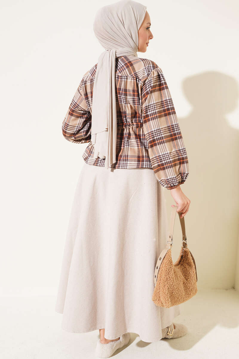 Gathered Plaid Shirt - Beige