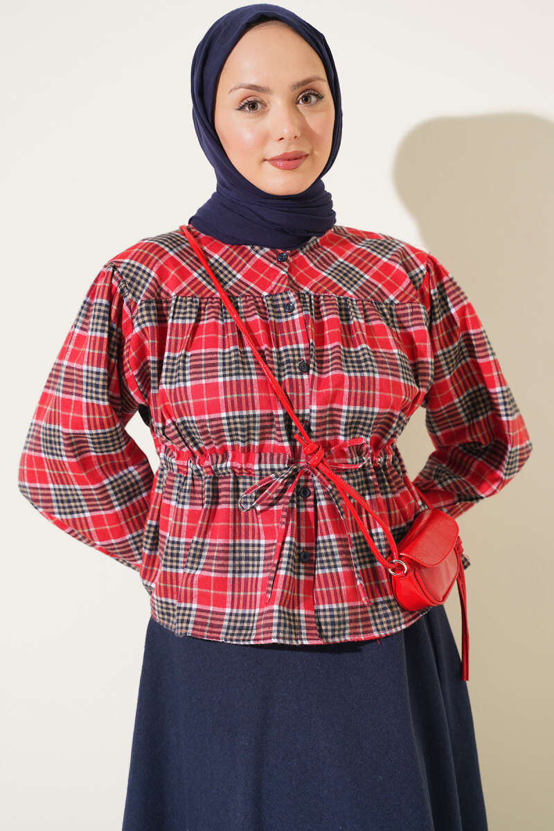 Gathered Plaid Shirt - Red