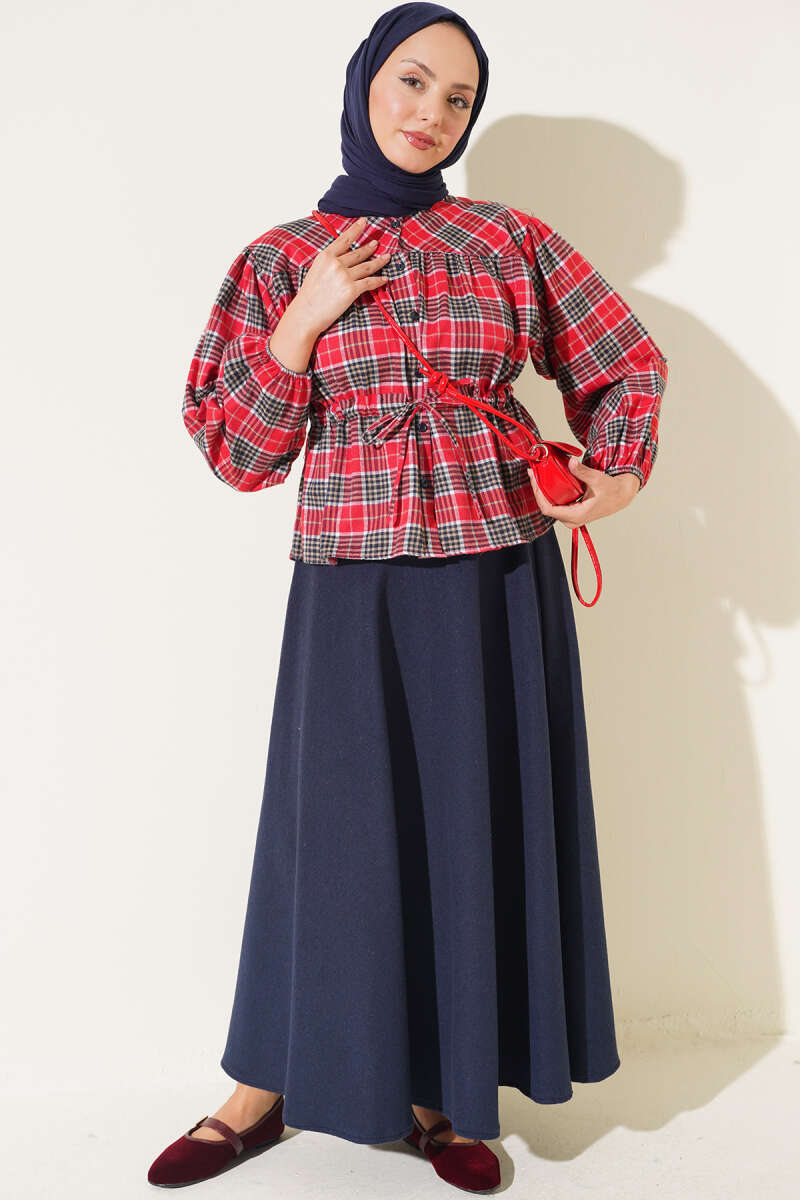 Gathered Plaid Shirt - Red
