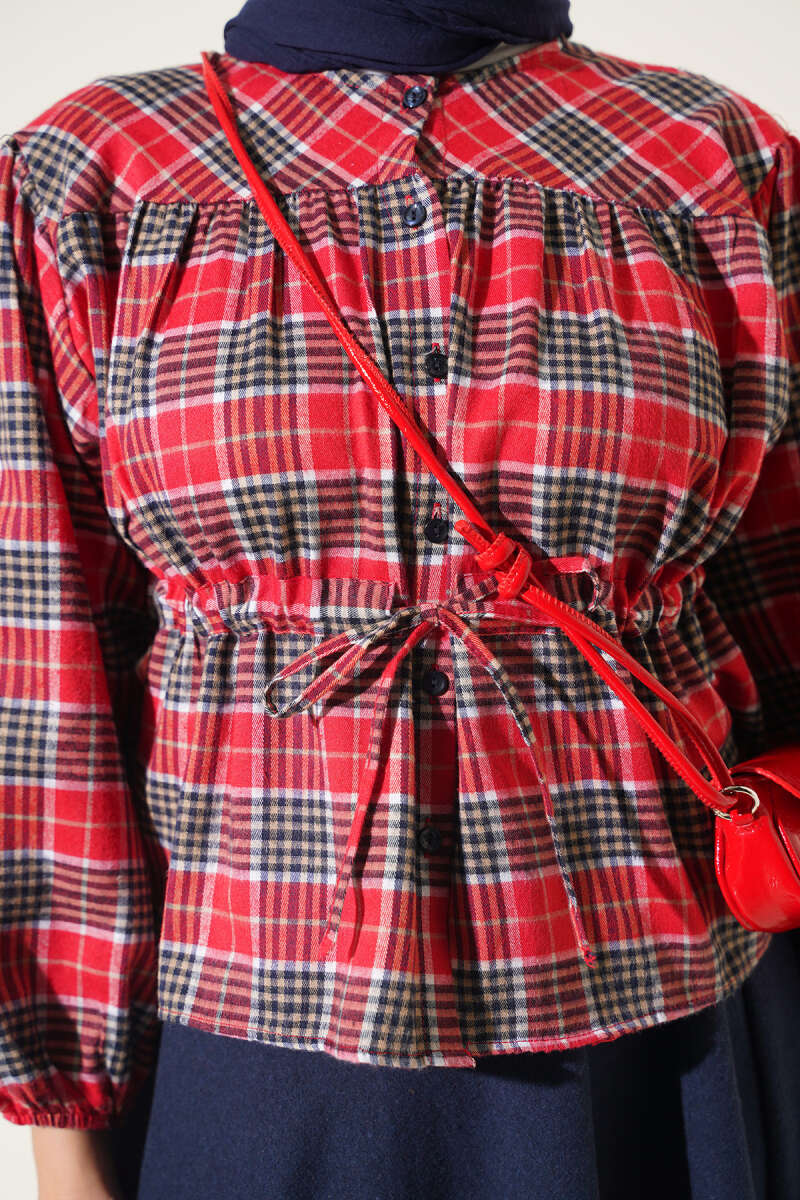 Gathered Plaid Shirt - Red