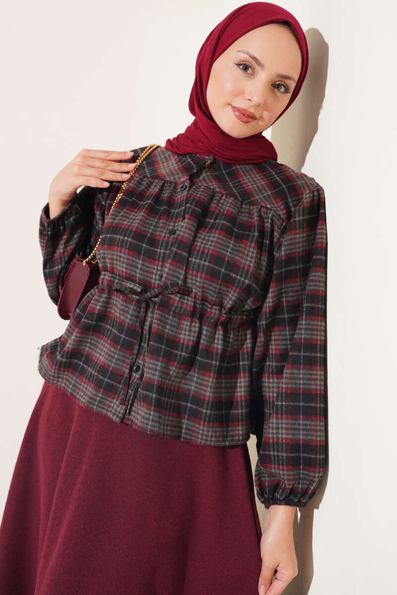 Gathered Plaid Shirt - Black
