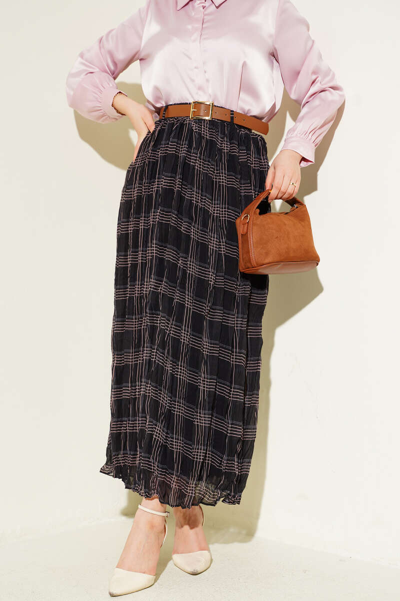Plaid Crinkle Chiffon Skirt - Black