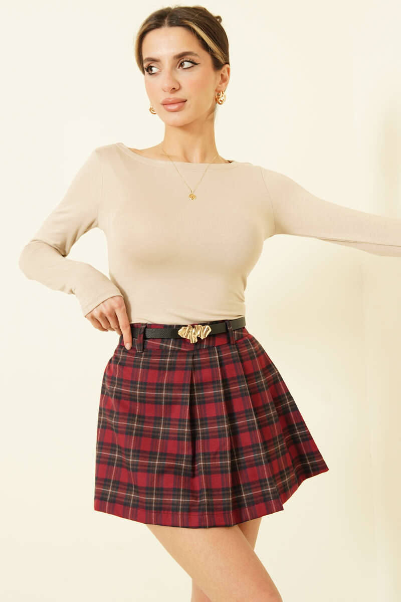Pleated Plaid Mini Skort - Burgundy