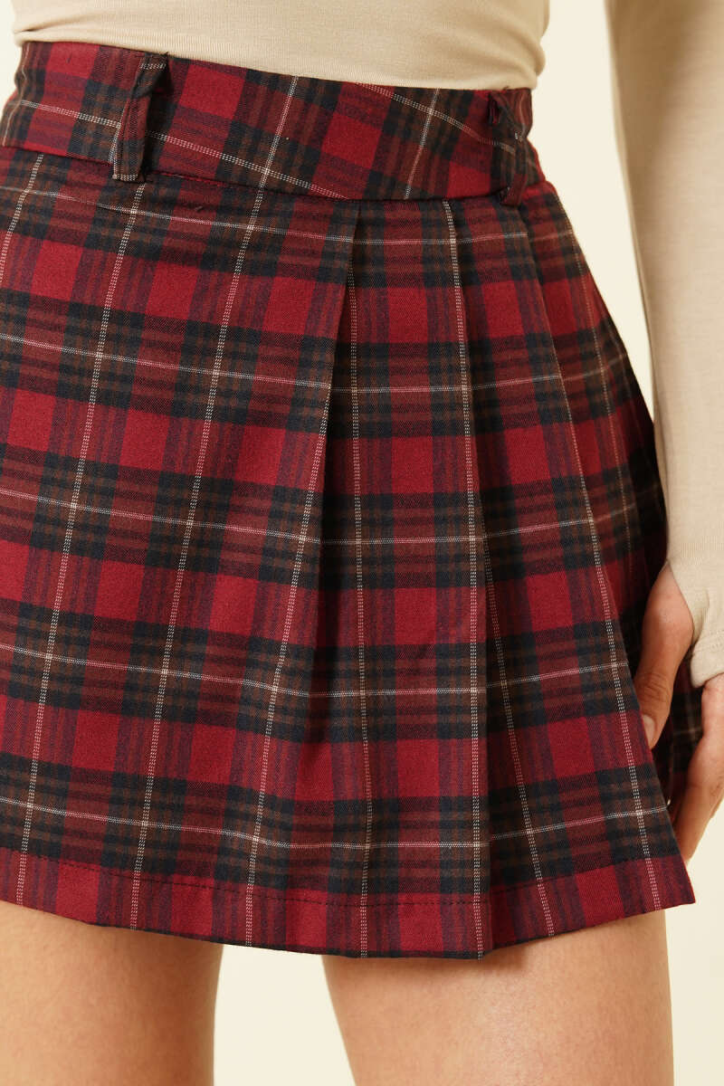 Pleated Plaid Mini Skort - Burgundy