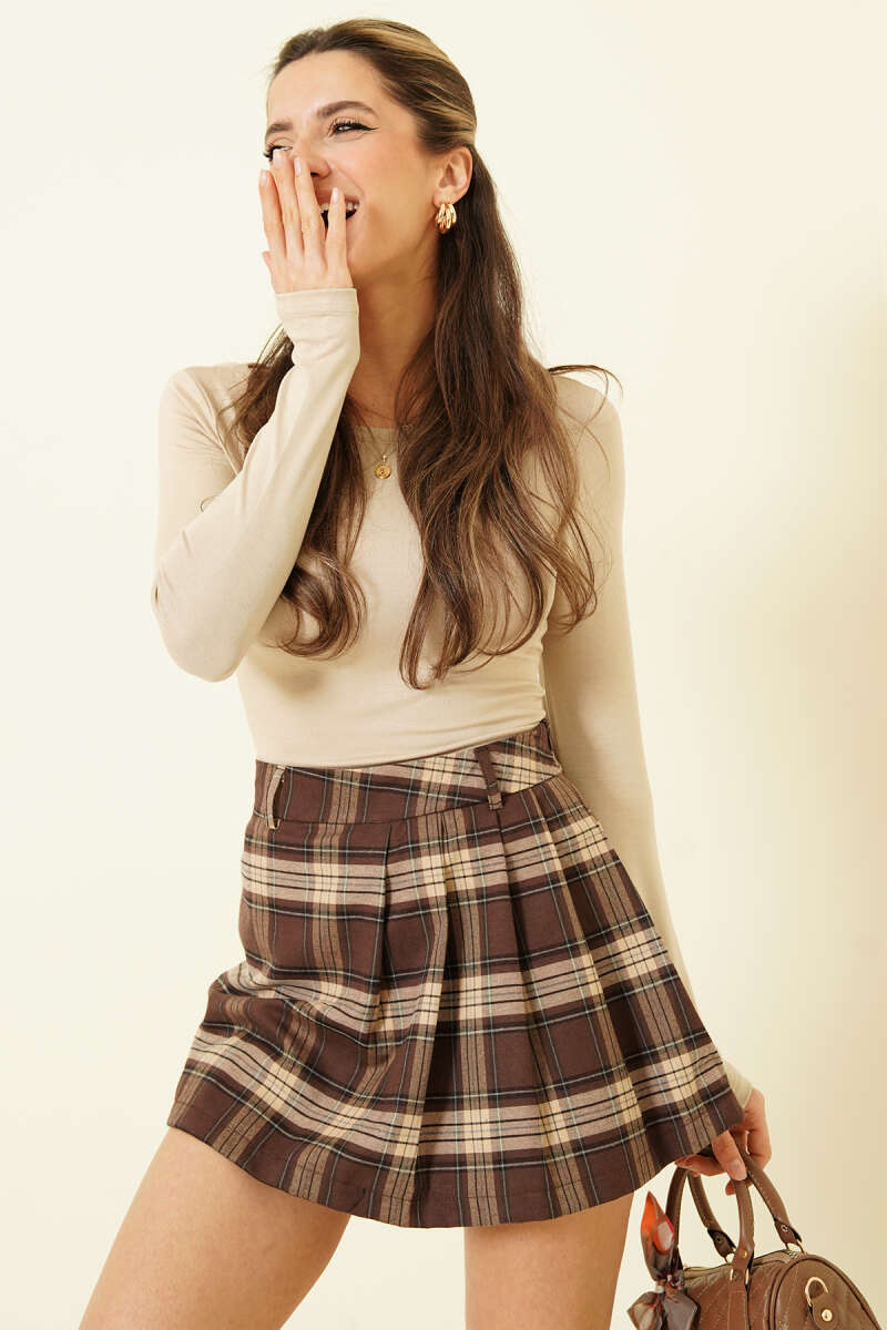Pleated Plaid Mini Skort - Chestnut