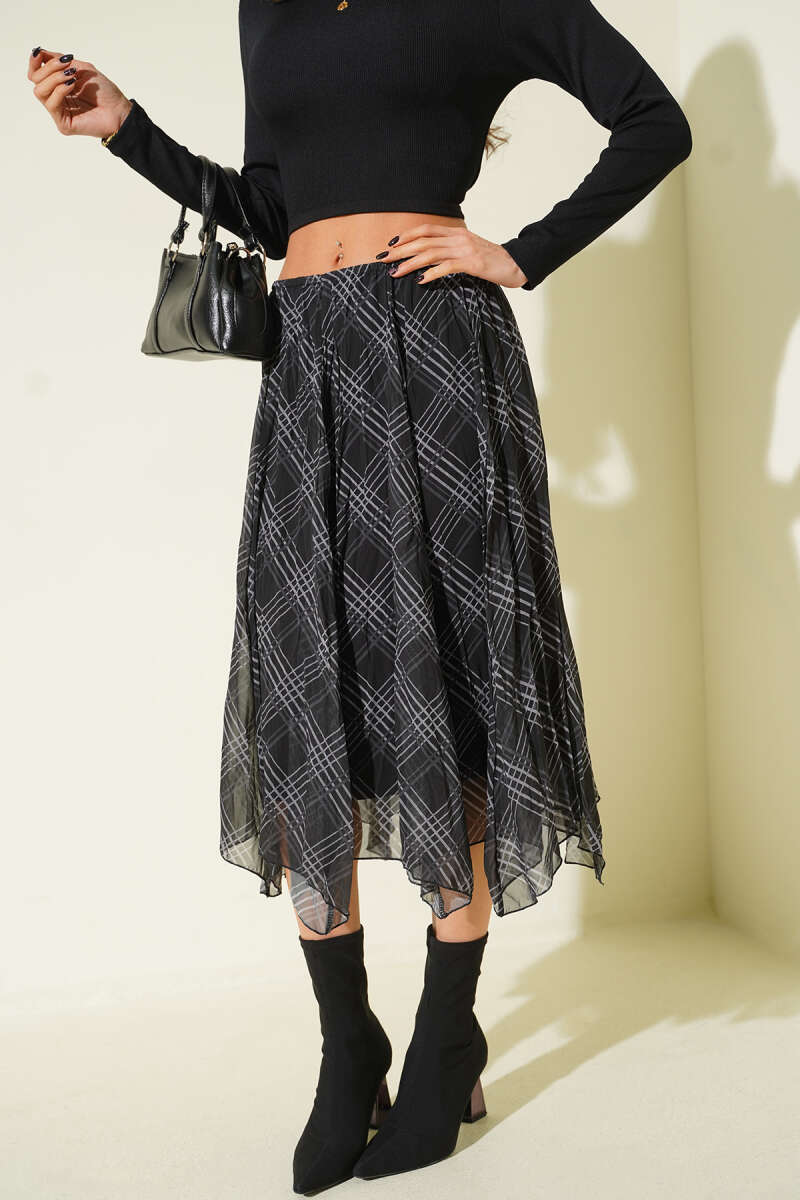 Plaid Chiffon Midi Skirt - Black