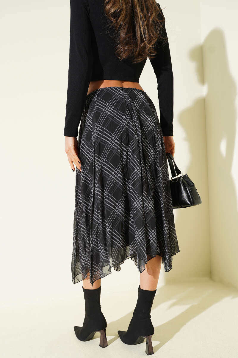 Plaid Chiffon Midi Skirt - Black