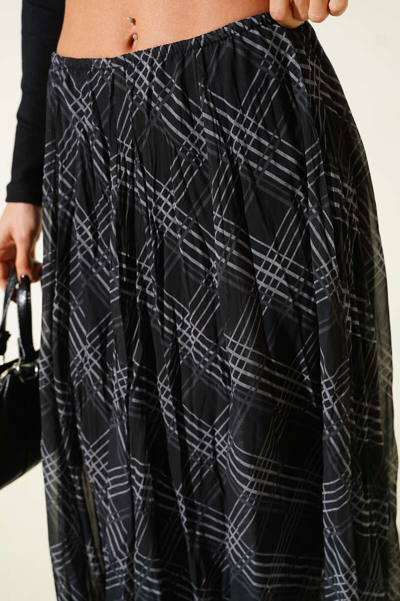Plaid Chiffon Midi Skirt - Black