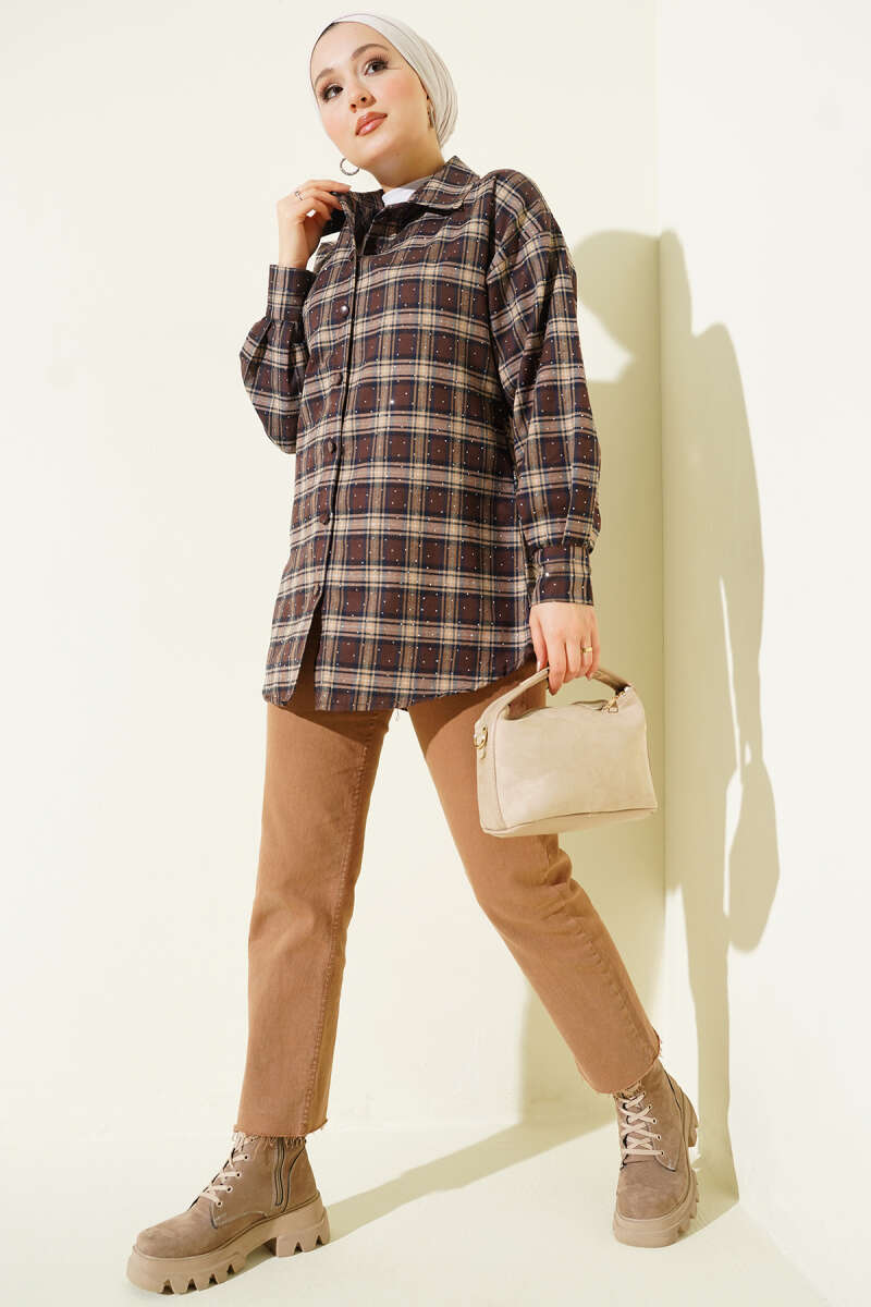 Plaid Shirt with Stones - Dark Brown