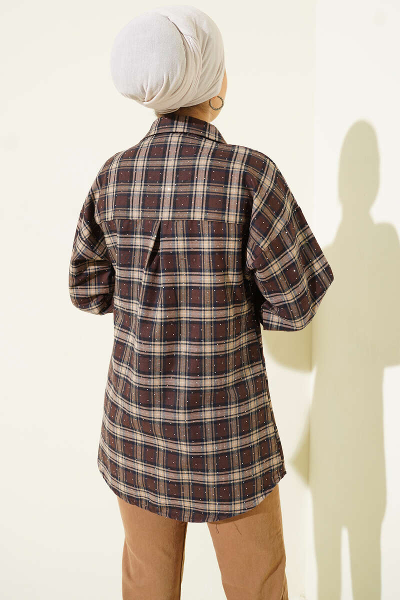 Plaid Shirt with Stones - Dark Brown