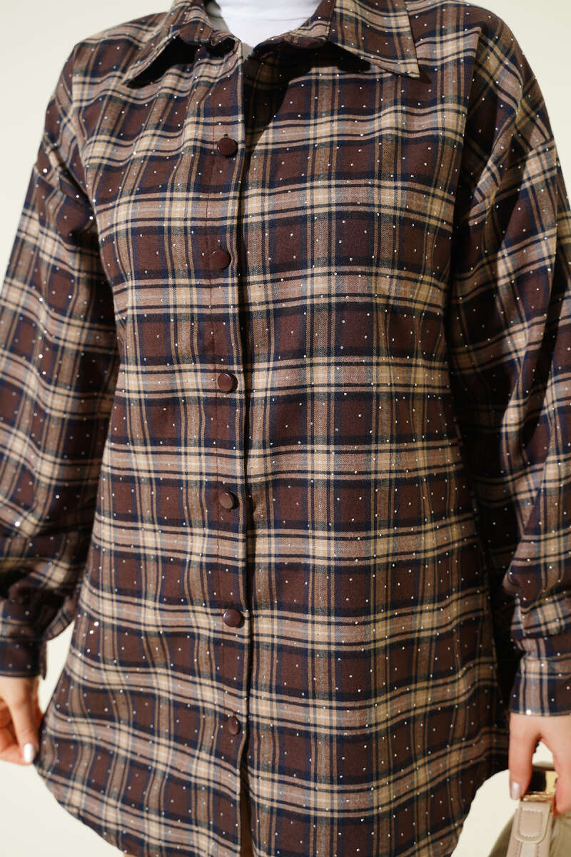 Plaid Shirt with Stones - Dark Brown