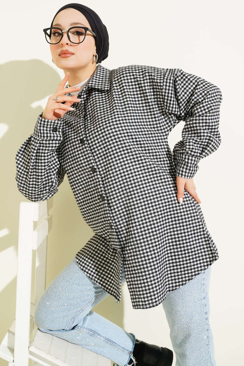 Plaid Shirt with Stones - White
