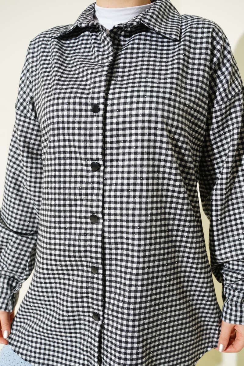 Plaid Shirt with Stones - White